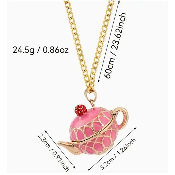 Teapot Locket Opens Pink Enamel Sparkly Cherry Necklace - Picture 3 of 9
